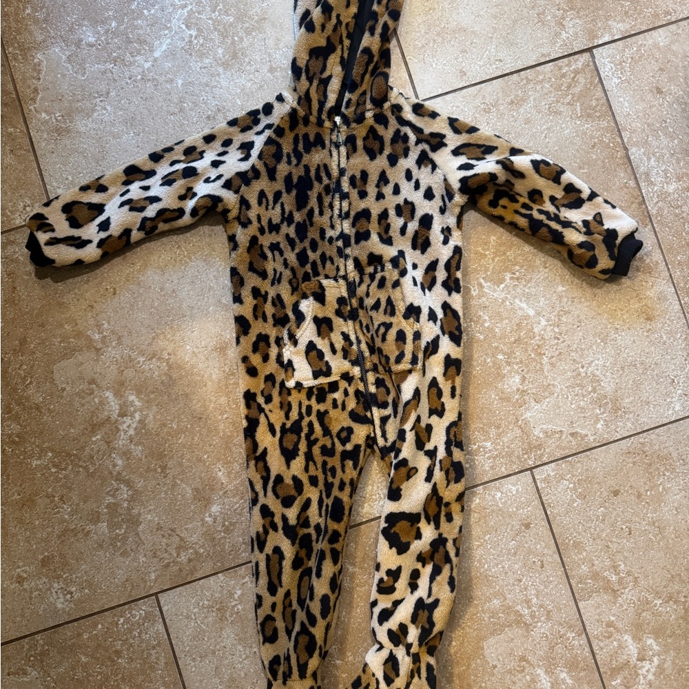 Leopard Print Fleece Kids One-Piece Hooded Romper - Brown/Black